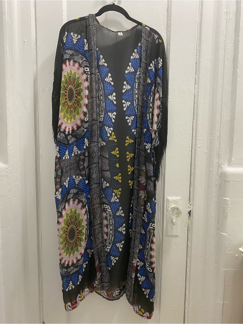 Black Sheer Bohemian Kimono with Blue & Green Medallion Print